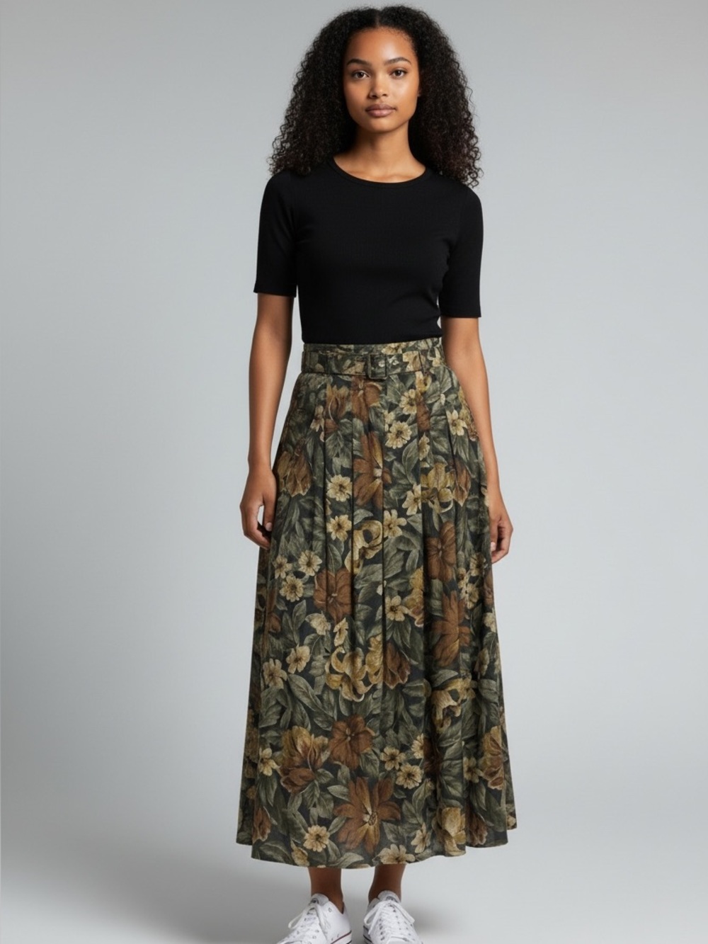 Vintage 80s Jeremy Scott designer Pleated Maxi Skirt in Olive and Tan